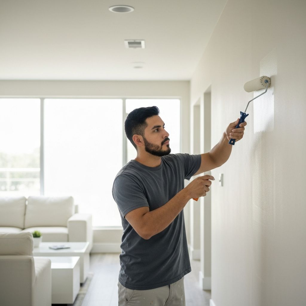 Målare som målar vägg inomhus